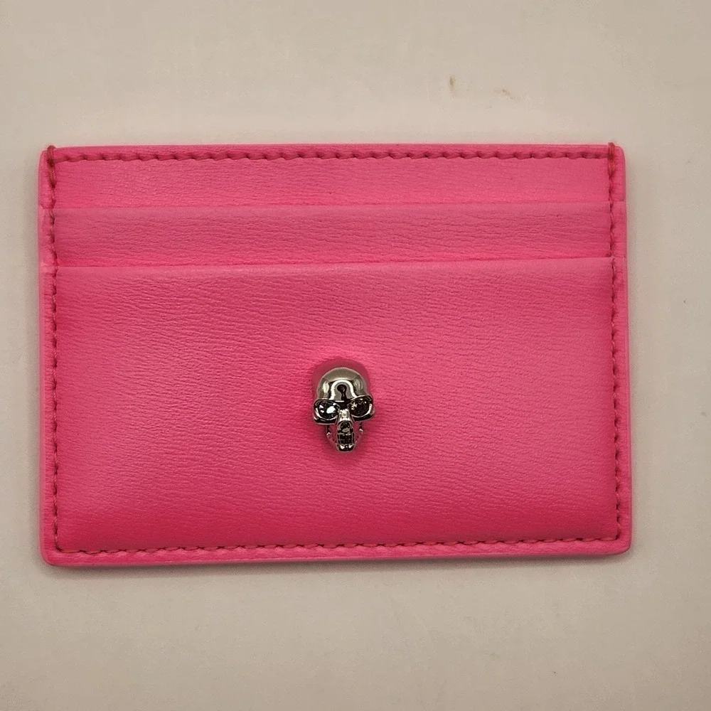 Alexander McQueen Bright Pink Leather Skull Card Holder Case Wallet Box Dust Bag